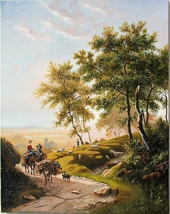 Cornelis Barend Koekkoek - Para pasterzy na leśnym słonecznym wzgórzu